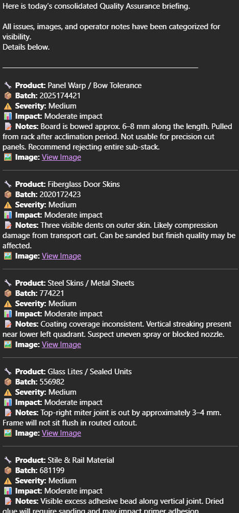 CortexForge Collective | Foundations Division ForgeLine Automated QA Email Summary — Consolidated Product Issues & Severity A detailed ForgeLine automated QA email showing product categories, batch numbers, severity ratings, impact assessments, operator notes, and image links for quality issues across multiple manufacturing items.