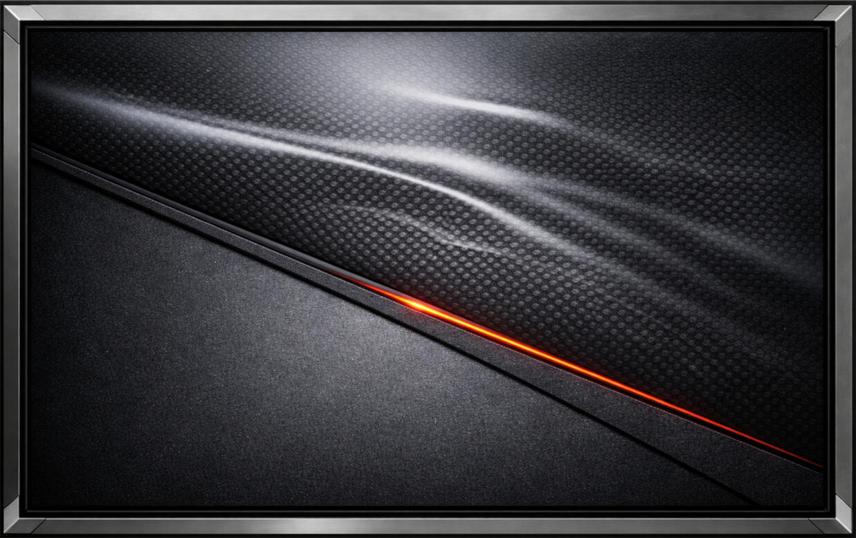 Dark carbon-fiber field framed in brushed metal with a diagonal graphite split and a thin glowing red line running along the seam.