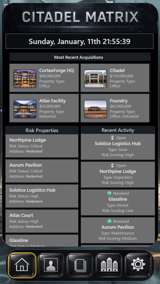 CortexForge Collective | Foundations Division Citadel Matrix Daily Operations Snapshot – Property Portfolio Status Dashboard Screenshot of the Citadel Matrix Daily Operations Snapshot dashboard showing recent property acquisitions with valuation and type, a list of risk-flagged properties by severity, and recent operational activity.