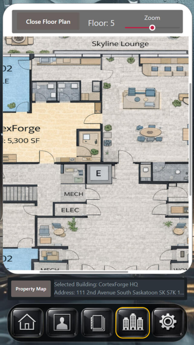 CortexForge Collective | Foundations Division Citadel Matrix Floor Plan Viewer – Active Floor Layout Screenshot of the Citadel Matrix Floor Plan Viewer displaying a detailed architectural layout for Floor 5, with rooms, corridors, mechanical and electrical spaces, furnishings, and labeled areas shown in a zoomable, full-resolution plan view.