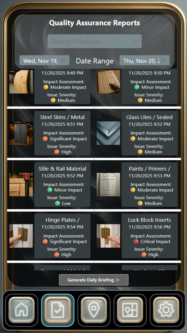 CortexForge Collective | Foundations Division ForgeLine QA Report Viewer — Impact Levels, Issue Severity, and Product Findings A ForgeLine manufacturing QA dashboard displaying product issues with timestamps, impact assessments, severity levels, and photos of defects for daily quality reporting.