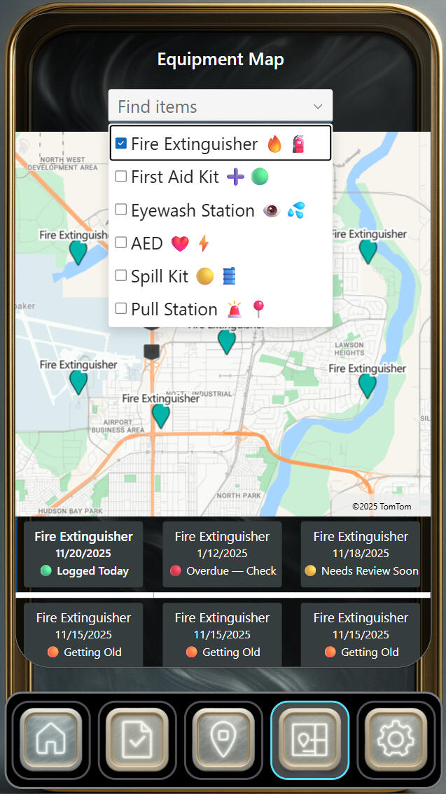 CortexForge Collective | Foundations Division ForgeLine Safety Equipment Map Fire Extinguisher, First Aid, Spill Kit Locator Screenshot of the ForgeLine Equipment Map showing filters for fire extinguishers, first-aid kits, eyewash stations, AEDs, spill kits, and pull stations on a live facility map, with status indicators for logged, overdue, and aging equipment.