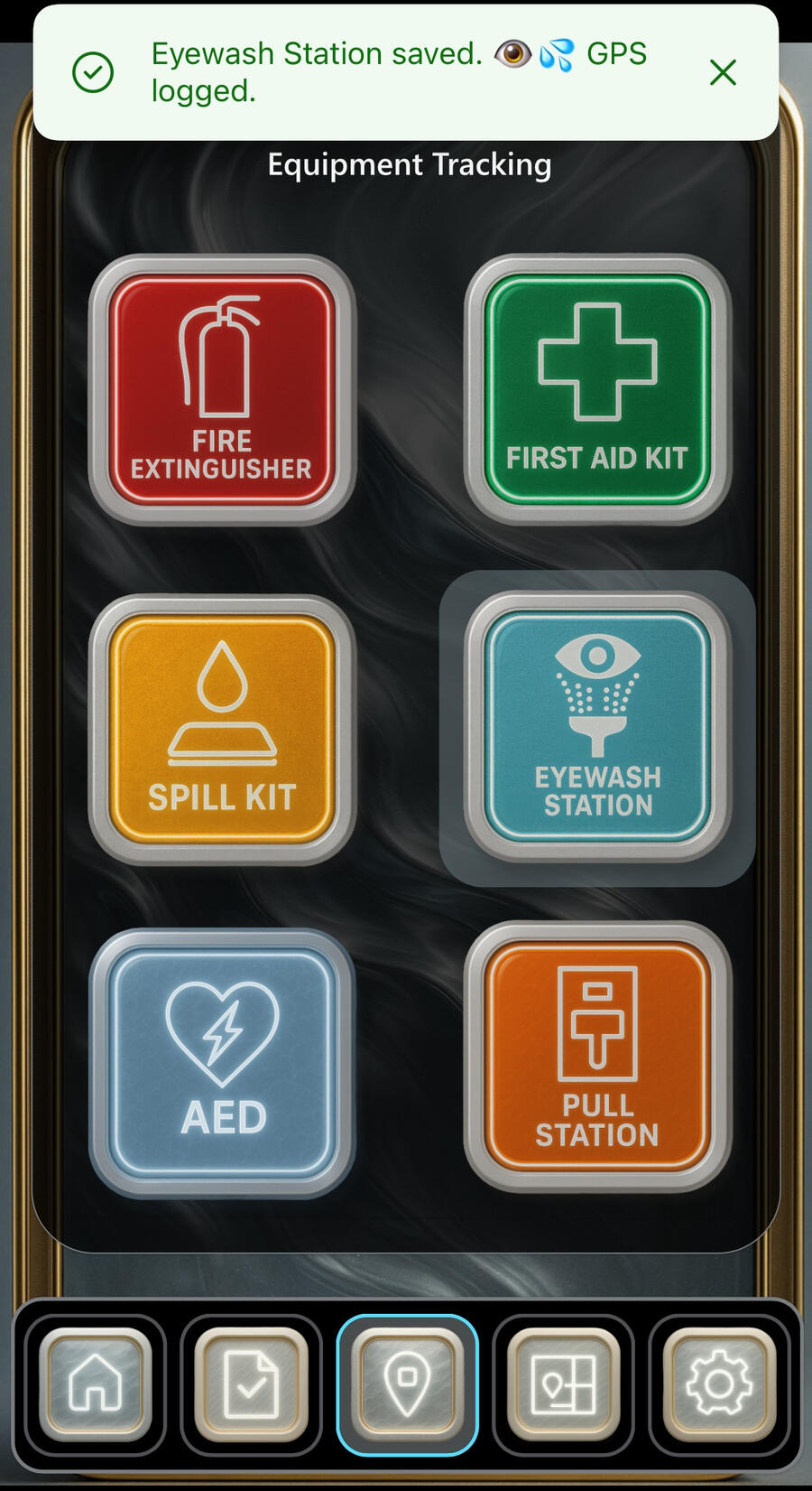 CortexForge Collective | Foundations Division ForgeLine Equipment Tracking – One-Tap Safety Logging With GPS Mobile screen showing ForgeLine Equipment Tracking interface with fire extinguisher, first aid kit, spill kit, eyewash station, AED, and pull station buttons. Notification banner displays “Eyewash Station saved – GPS logged.”