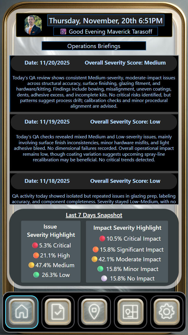 CortexForge Collective | Foundations Division ForgeLine Daily Operations Briefing – Manufacturing QA Summary Dashboard Screenshot of the ForgeLine Daily Operations Briefing dashboard showing QA report summaries, severity scores, and a 7-day issue snapshot for manufacturing quality control.