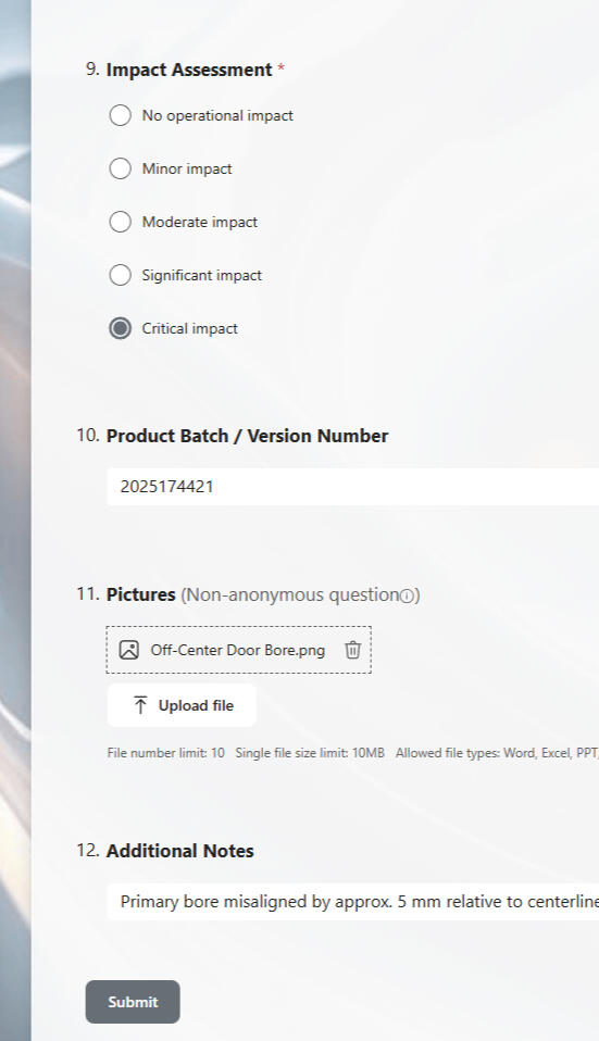 CortexForge Collective | Foundations Division ForgeLine QA Intake Form – Manufacturing Quality Control Reporting Screenshot of a manufacturing QA intake form with impact assessment, batch number entry, photo upload, and operator notes for quality reporting.