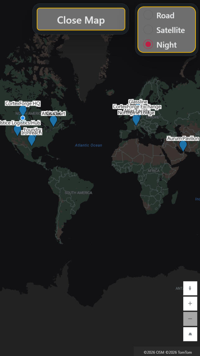 CortexForge Collective | Foundations Division Citadel Matrix Property Map – Global Location Context View Screenshot of the Citadel Matrix Property Map showing multiple property locations plotted on a world map, with labeled markers across regions and map style controls for road, satellite, and night views enabled.