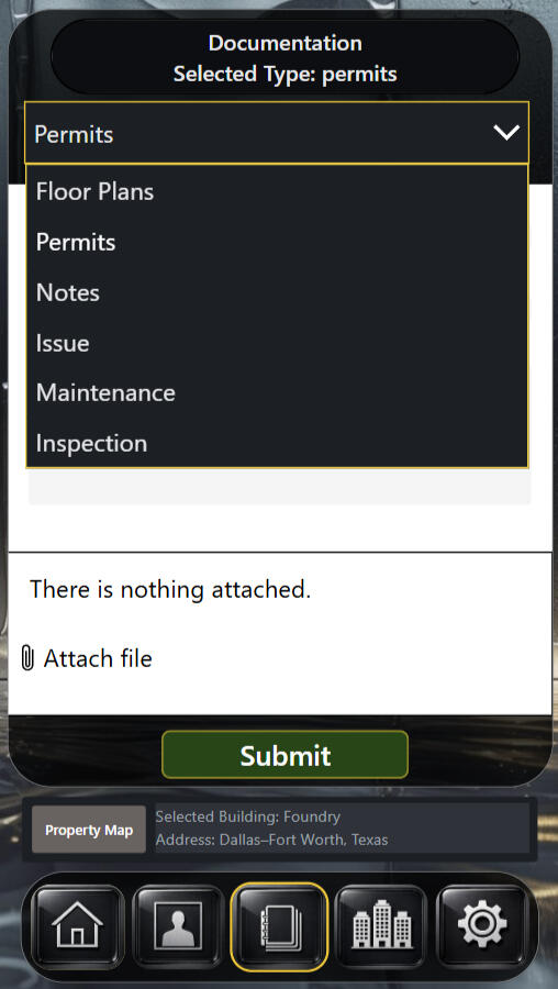Screenshot of the Citadel Matrix Permit & Compliance Entry screen showing permit type selection, building code reference, and file attachment controls used to record regulatory and compliance documentation for a selected property.