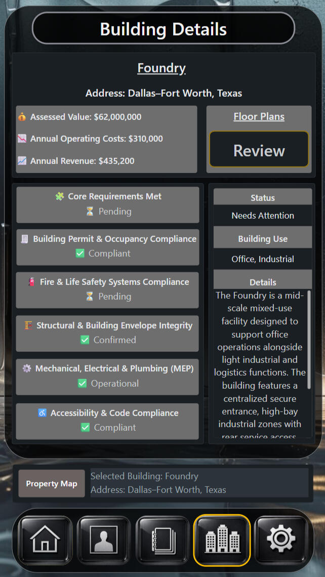 CortexForge Collective | Foundations Division Citadel Matrix Building Details – Property Status & Compliance Overview Screenshot of the Citadel Matrix Building Details screen showing a selected property with assessed value, operating costs, revenue, building use, status indicators, floor plan access, and compliance categories including permits.