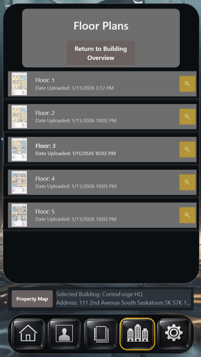 Screenshot of the Citadel Matrix Floor Plans screen showing a list of building floor plans by level with upload timestamps, thumbnail previews, and quick-access controls to open each plan for detailed review.