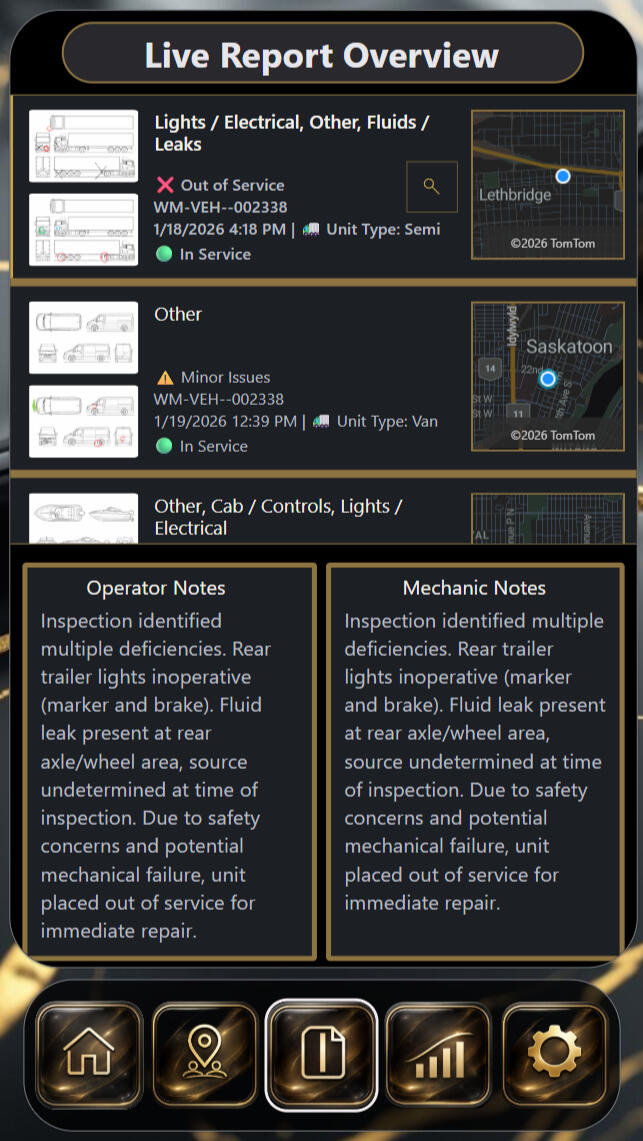 WayMark “Live Report Overview” screen listing inspection records with diagram thumbnails, deficiency categories, service status indicators, unit ID, timestamp, and unit type. Small map previews appear to the right of each report, with sections below for op