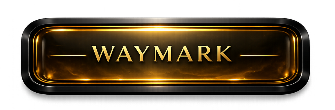 Gold WayMark nameplate glowing inside a rounded black metal frame with warm amber lighting and gold lettering.