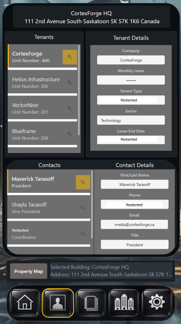 CortexForge Collective | Foundations Division Citadel Matrix Occupancy Details – Tenant & Contact Management Screen Screenshot of the Citadel Matrix Occupancy Details screen showing tenants assigned to building units with lease information, alongside associated contact records including names, roles, phone numbers, and email addresses for property coordination.