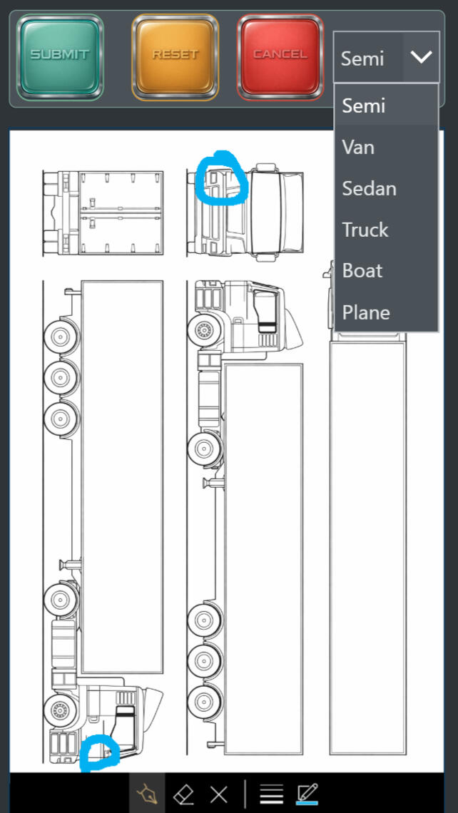 WayMark markup screen with a vehicle type dropdown and a technical vehicle diagram. Colored markings highlight areas of concern. Buttons labeled Submit, Reset, and Cancel appear at the top, with drawing tools at the bottom.