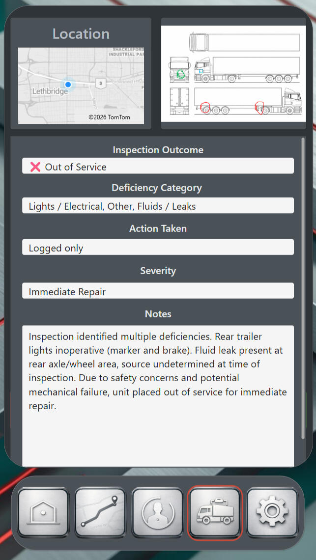 WayMark inspection record screen with a small map labeled “Location,” a vehicle diagram with marked areas, and fields for inspection outcome, deficiency category, action taken, severity, and notes.