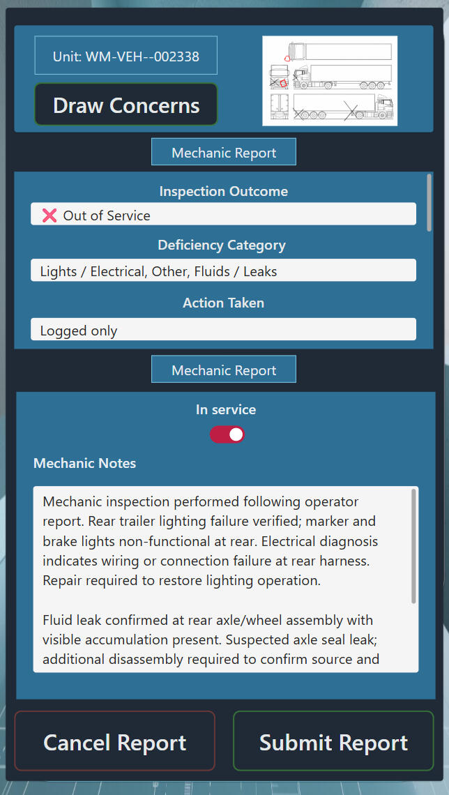 WayMark mechanic report screen with the unit ID, inspection outcome, deficiency category, action taken, and a large “Mechanic Notes” section containing diagnostic text. An in-service toggle appears above the notes, with Cancel Report and Submit Report.