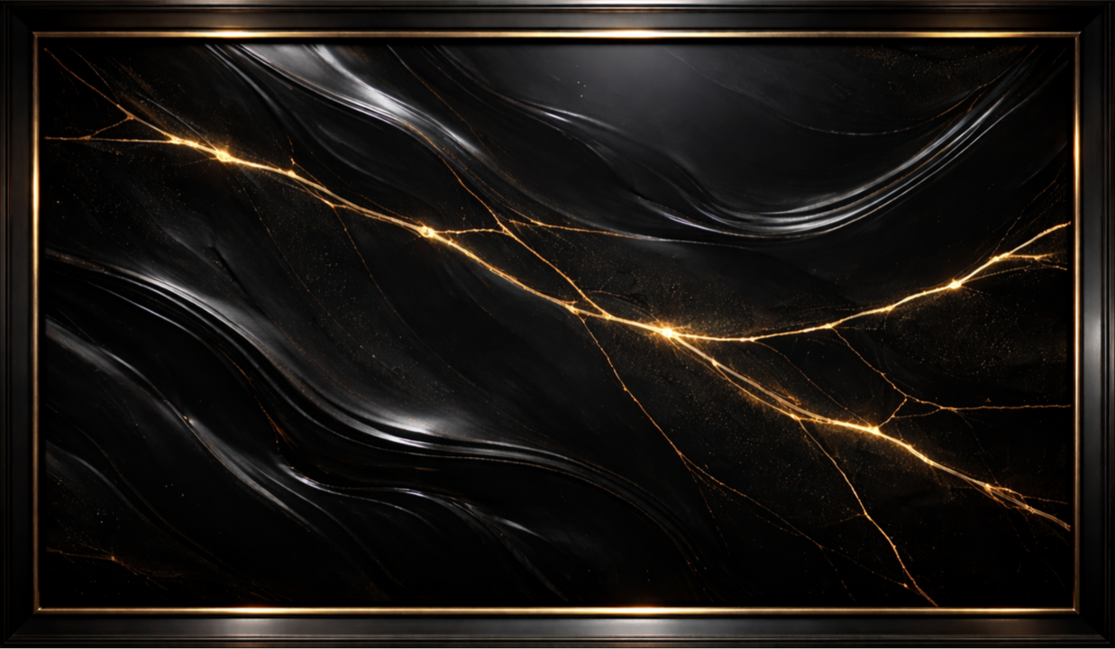 CortexForge Imagination Division | Material Library — Auric Faultline Frame Black liquid-obsidian texture inside a dark metal frame, split by a glowing gold faultline that branches across the surface.