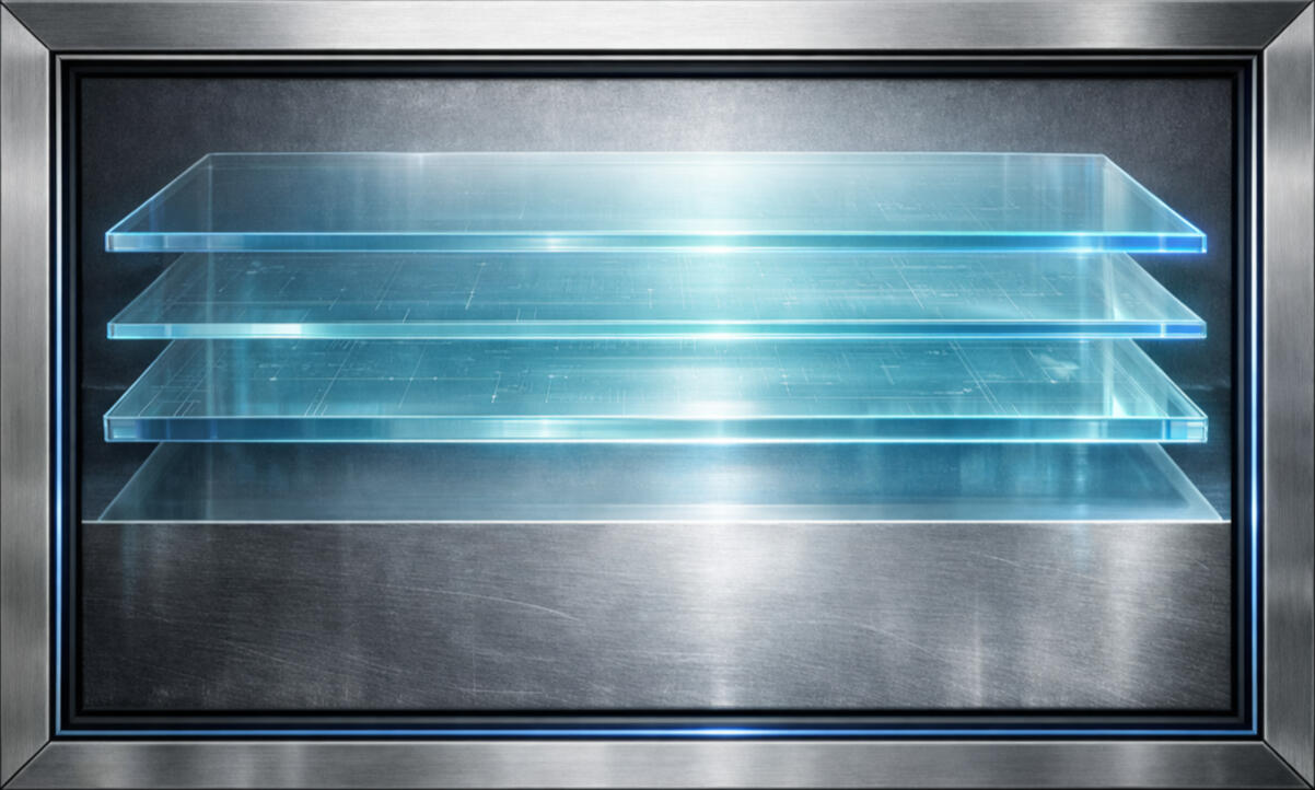 CortexForge Imagination Division | Material Library — Strata Ledger Frame Four translucent glass layers floating inside a metal frame, with faint blueprint grid lines and cool light reflecting through each plane.