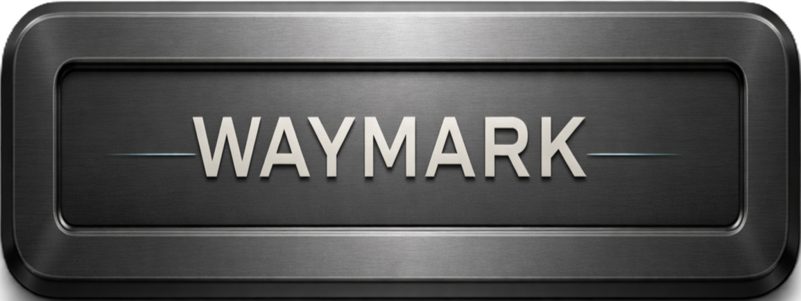 Brushed steel WayMark nameplate with embossed silver lettering inside a dark recessed metal frame.