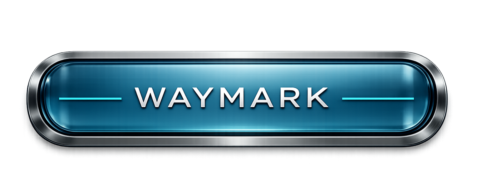 WayMark Mechanic CortexForge Collective | Foundations Division — Blueglass Badge Blue glass WayMark nameplate inside a chrome rounded frame with white lettering and thin cyan accent lines on both sides.
