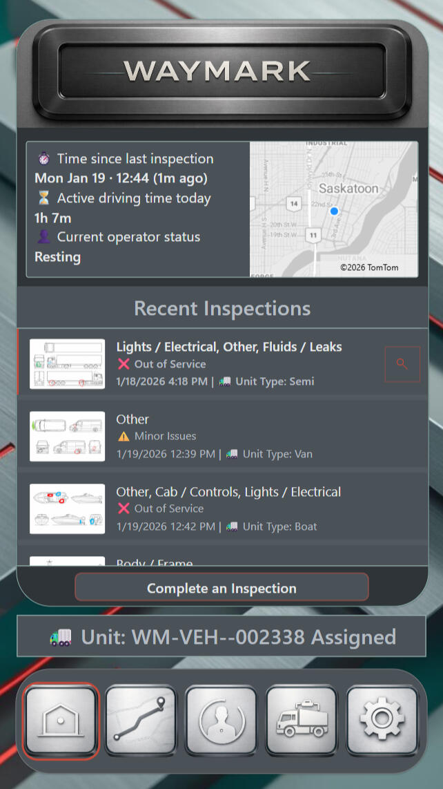 WayMark CortexForge Collective | Foundations Division — Vehicle Status Overview WayMark mobile screen with a vehicle status panel listing time since last inspection, active driving time today, and current operator status. A small map shows the unit’s location, and a “Recent Inspections” list displays inspection categories.
