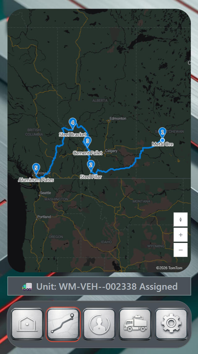 WayMark map view with a highlighted route and numbered stop markers labeled by cargo names. The route connects multiple locations across regions, with map zoom controls on the right and an assigned unit label beneath the map.