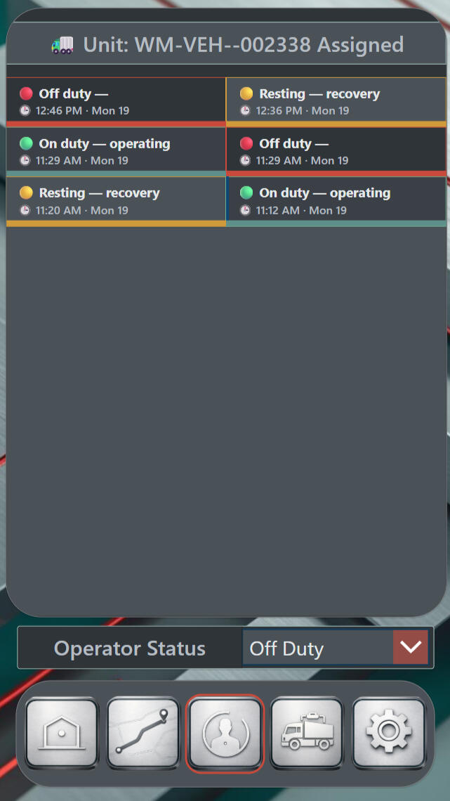 WayMark CortexForge Collective | Foundations Division — Operator Duty Timeline WayMark screen with a list of color-coded duty entries labeled on duty, off duty, and resting, each with a timestamp. A unit ID appears at the top, and a duty status dropdown appears at the bottom.