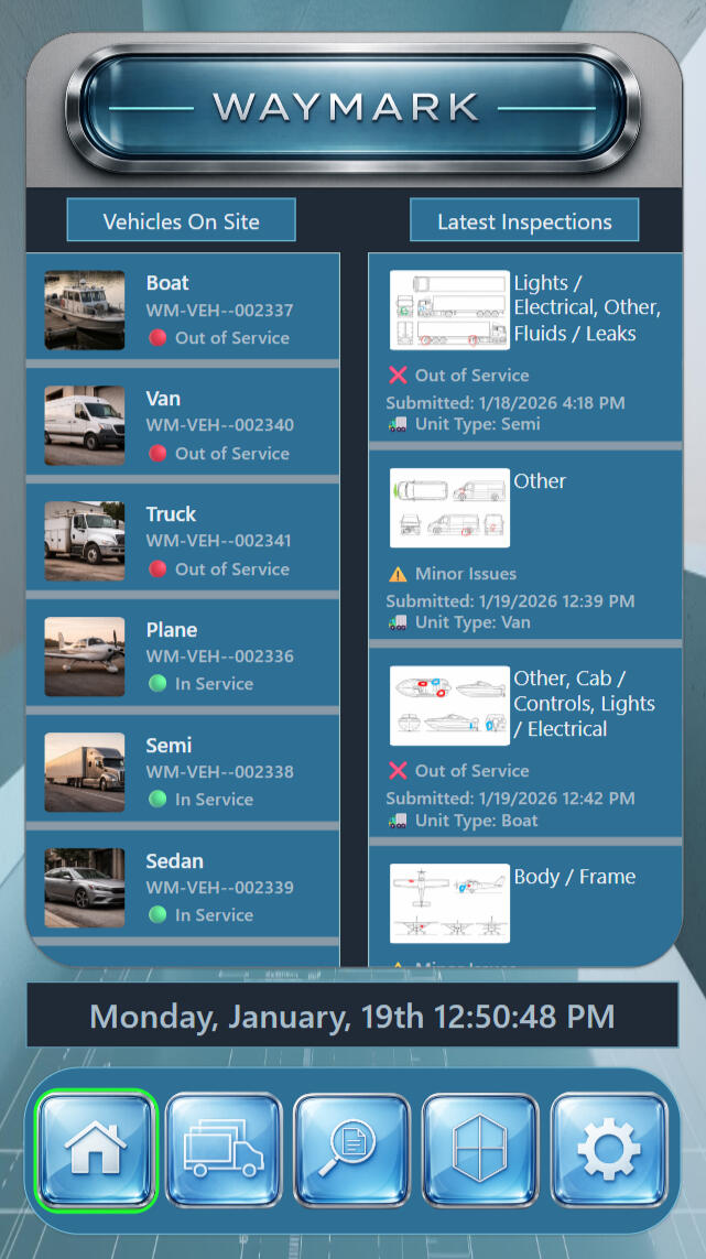 WayMark dashboard with two columns: a “Vehicles On Site” list showing unit photos, IDs, and in-service or out-of-service indicators, and a “Latest Inspections” list showing categories, outcomes, and submission times.