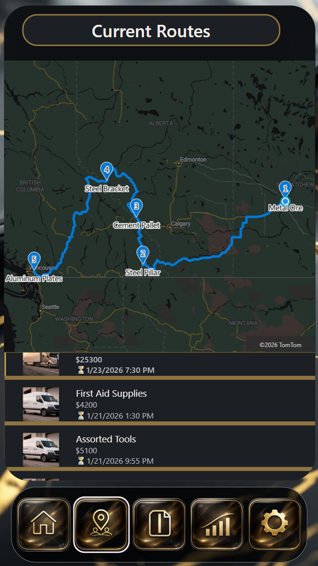WayMark CortexForge Collective | Foundations Division — Current Routes and Active Loads WayMark map labeled “Current Routes” showing a highlighted route with numbered stops and cargo labels. Below the map is a list of loads with vehicle images, dollar amounts, and last updated times. Navigation icons appear along the bottom.